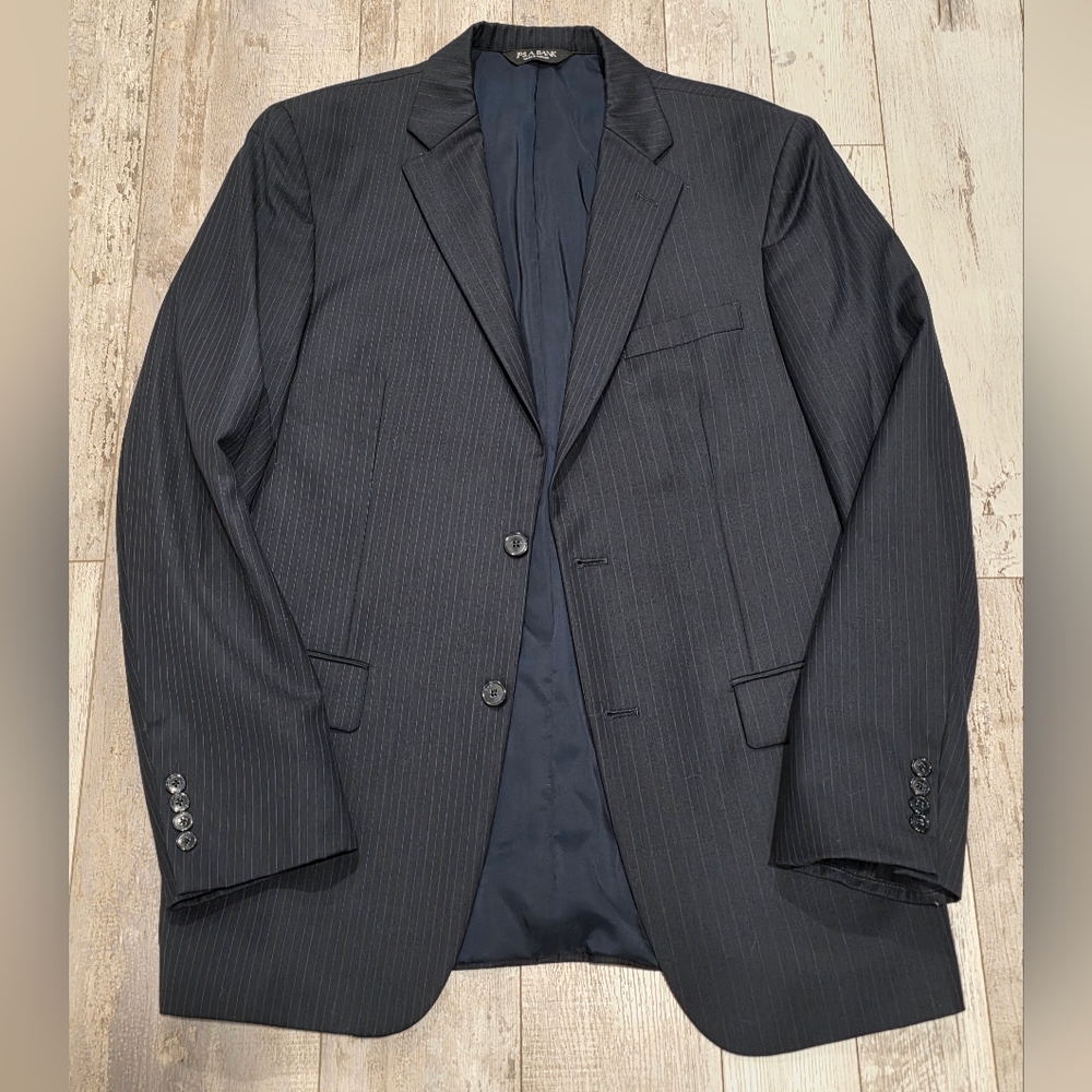 42L Men's Jos. A. Bank Striped Blazer 100% Wool 2 Button Dark Blue Sport Coat